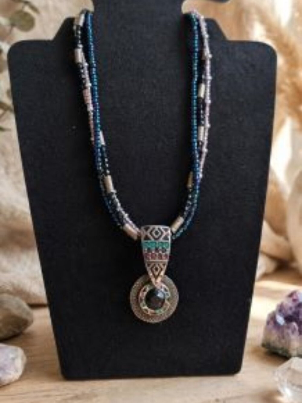 Chico's Tribal Pendant Necklace with Teal Seed Beads & Black Stone